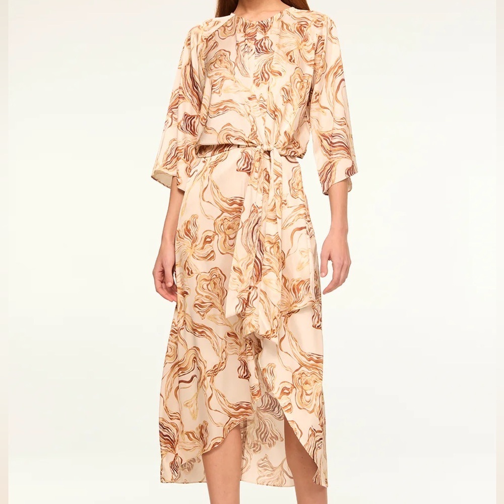 MISA Los Angeles Adina golden straw satin neutral midi wrap dress